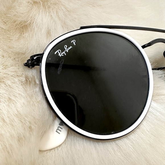 Ray Ban Round Double Bridge Customized Sunglasses | Black Frames White Trim - Picture 3 of 13